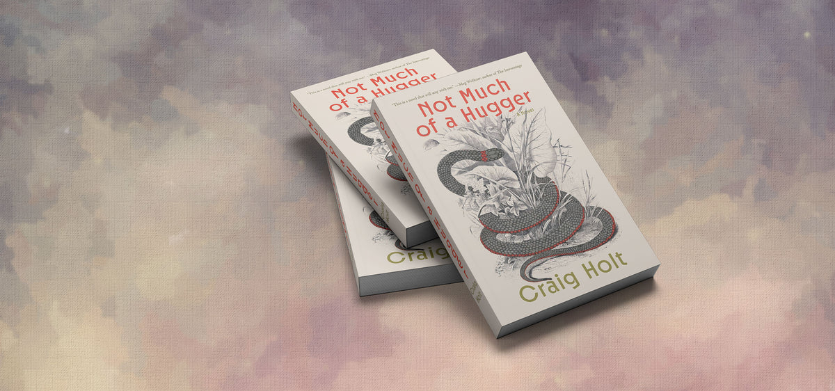 Three copies of the book 'Not Much of a Hugger' by Craig Holt, stacked diagonally on a textured, cloudy background with a purple and beige tint.